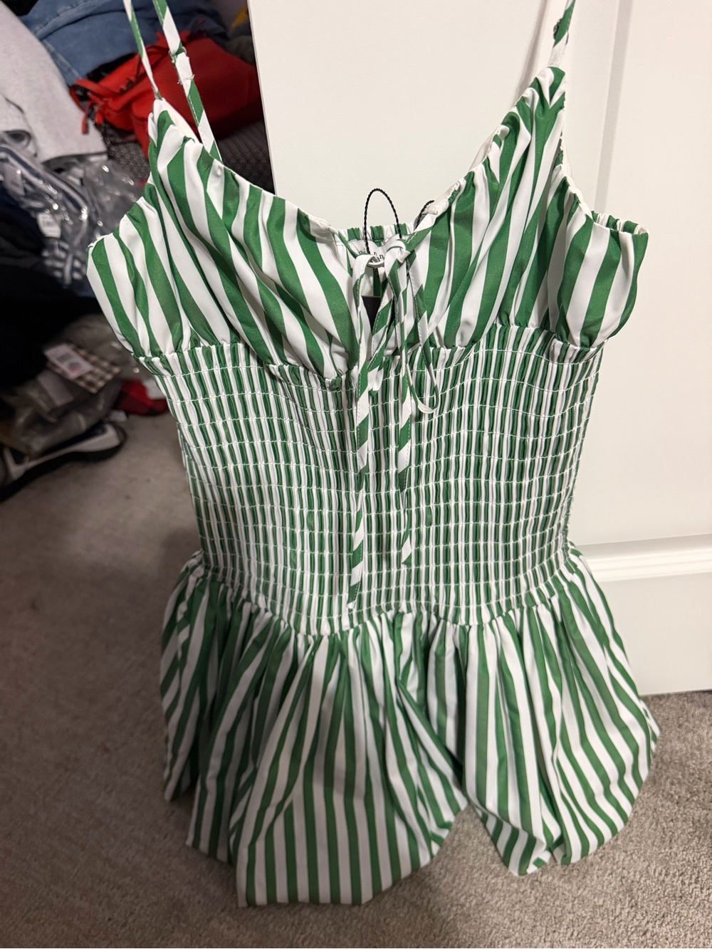 Green & White Striped Smocked Mini Dress